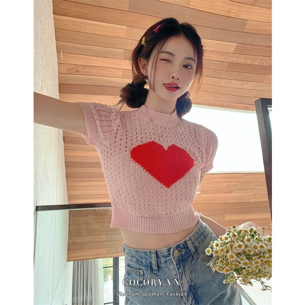 Cocory vn Áo Croptop Dệt Kim Cổ Tròn In Họa Tiết Trái Tim Thời Trang Hàn Quốc Cho Nữ