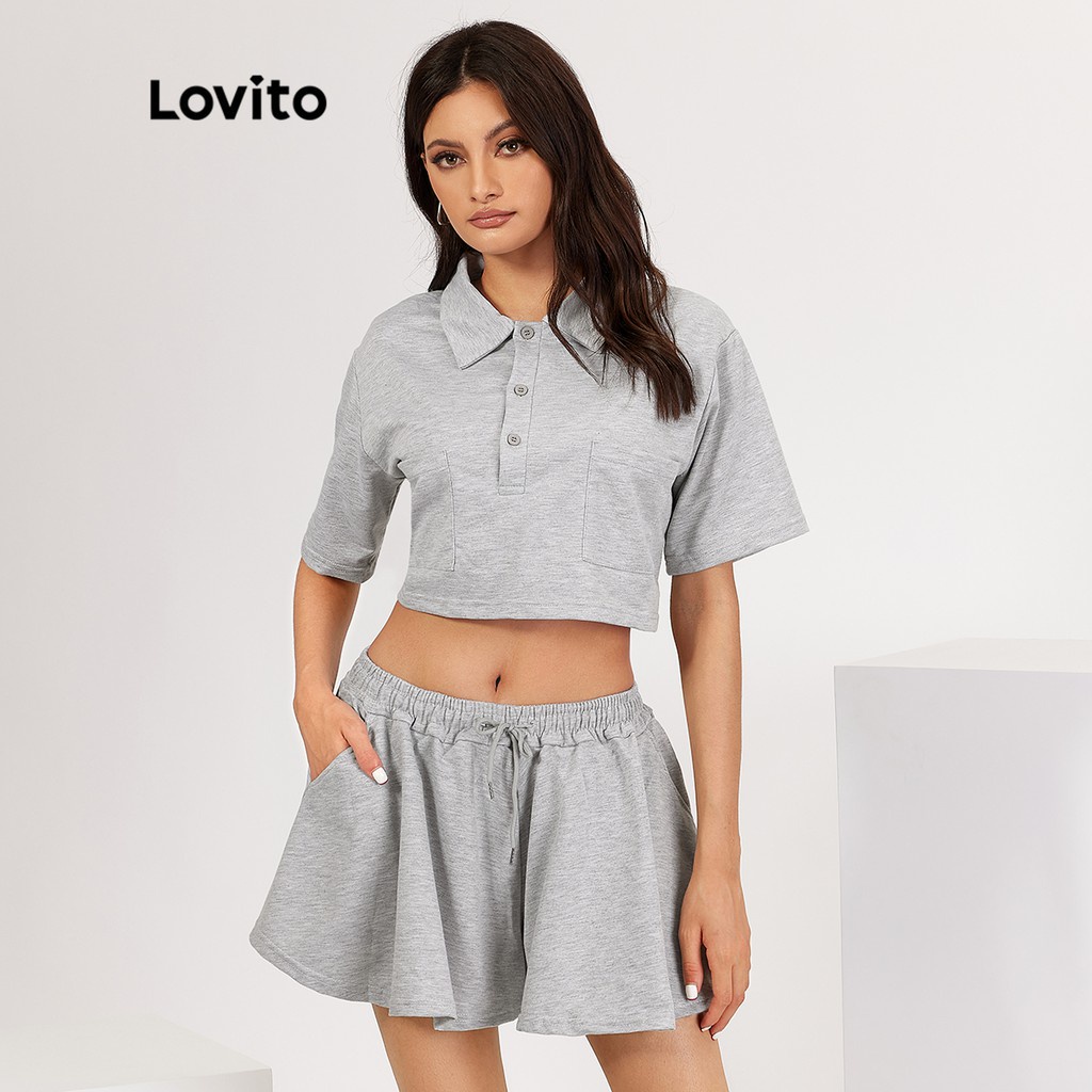 Set quần short Lovito màu trơn có túi phối nút cài và dây rút phong cách thường ngày L18X190 (Màu xám)