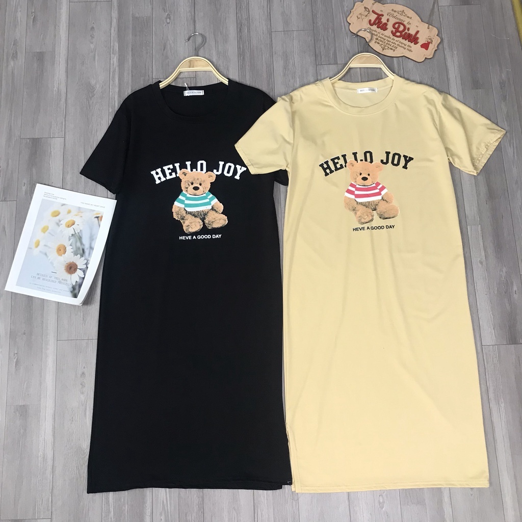 Đầm Suông Nữ Chất Cotton In Họa Tiết Váy Ngắn Tay Hình Gấu Bông 2 Màu Thoáng Mát