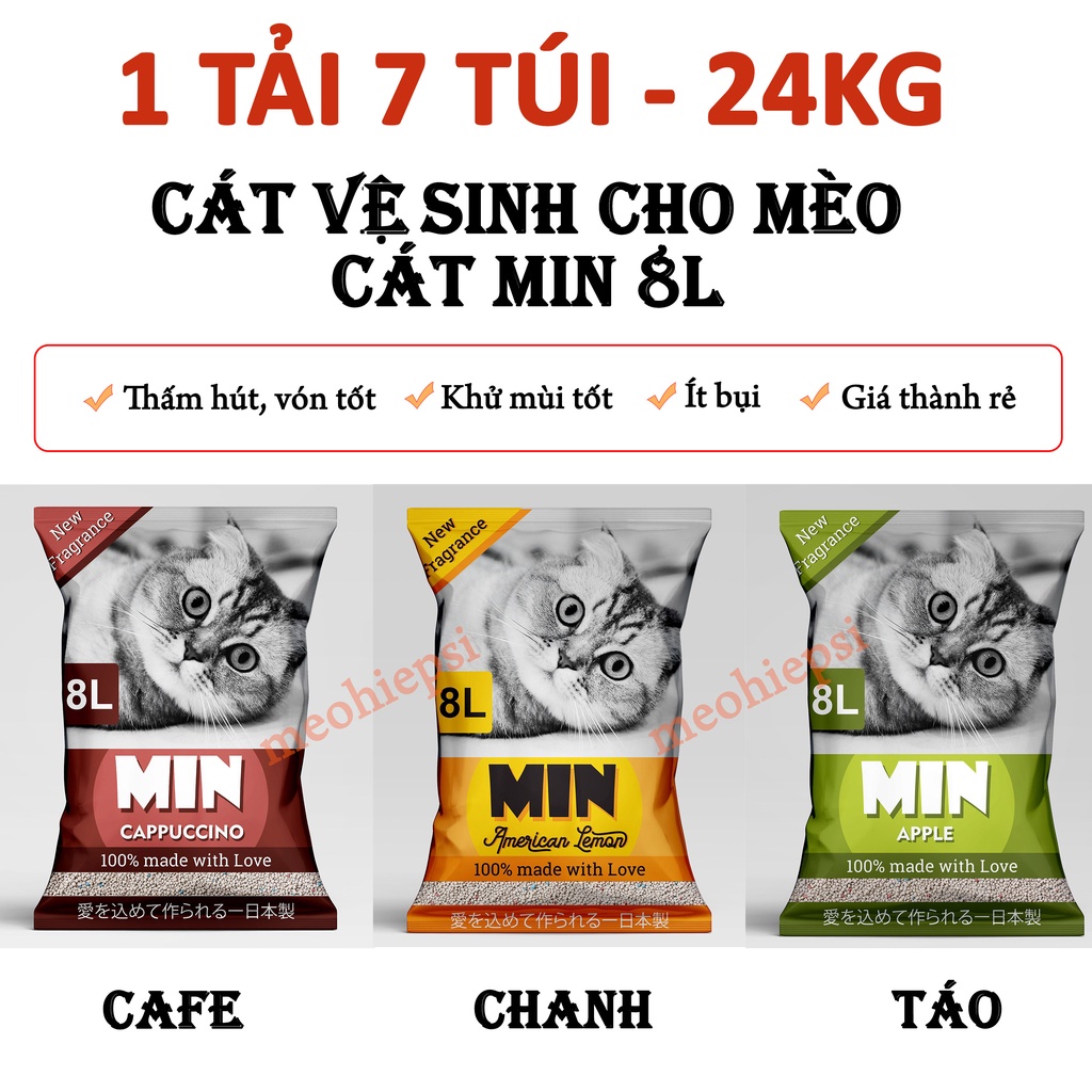 [Xả kho] Cát MIN 8L - Cát vệ sinh cho mèo xuất xứ Nhật Bản khử mùi vón cực tốt - 1 tải 7 túi