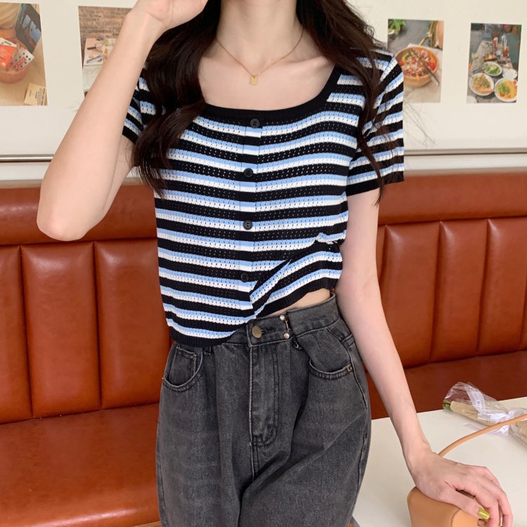 Áo Thun Dệt Kim Tay Ngắn Cổ Vuông Họa Tiết Kẻ Sọc Dáng Ôm Thời Trang Mùa Hè Xinh Xắn Cho Nữ