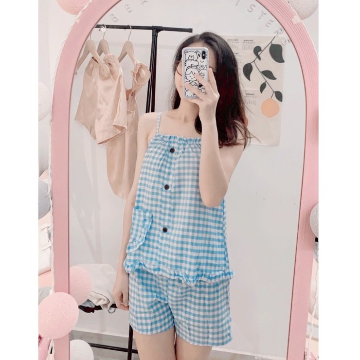 [TẶNG GƯƠNG CẦM TAY] Set đồ ngủ 2 dây áo viền bèo có túi | Ảnh thật 100% ♡