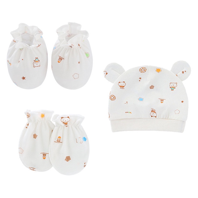 Set mũ bao tay bao chân sơ sinh cotton, set nón bao tay bao chân