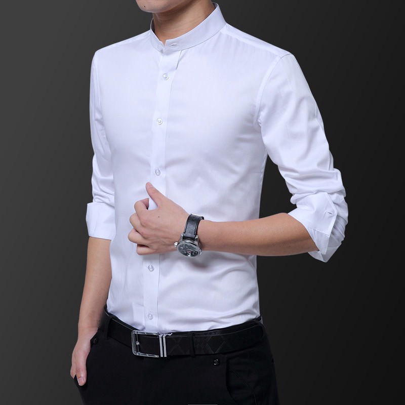 Áo sơ mi nam Cổ Tàu hai màu trắng đen trơn basic vải lụa, áo sơ mi nam công sở mặc văn phòng sự kiện lịch sự