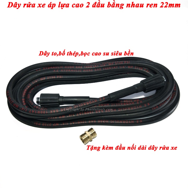 Dây áp lực cao 10m đen 2 đầu ren 22 dùng cho máy rửa xe áp lực cao - Tặng kép nối dài dây rửa xe ren 22