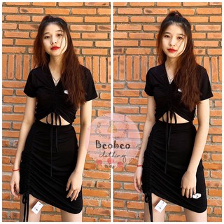 [Ảnh thật] Set áo thun croptop rút ngực kèm chân váy ôm body ulzzang
