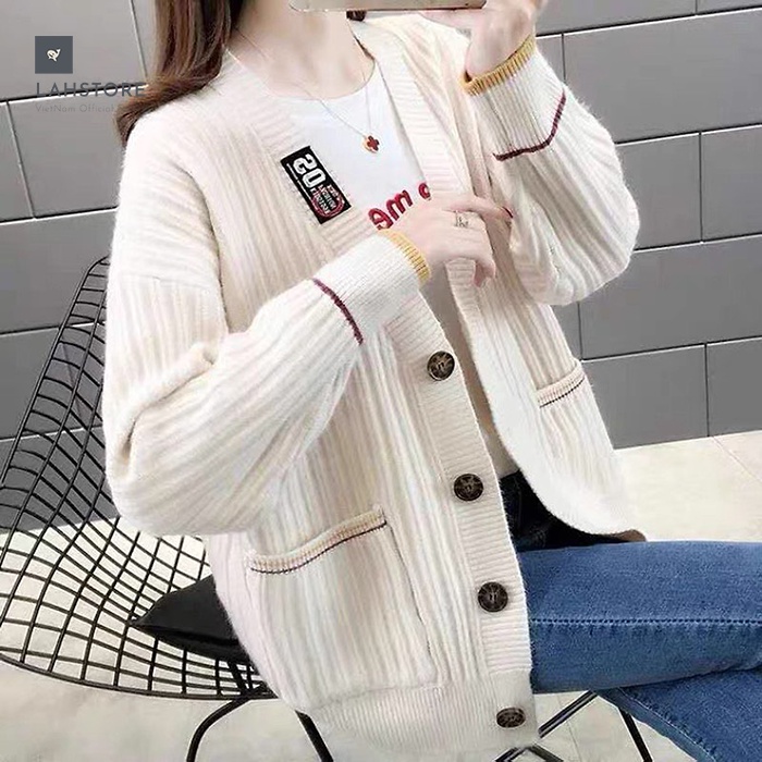 Áo khoác len cardigan nữ tay phồng tiểu thư LAHSTORE, thời trang thu đông 2021 (Trắng)