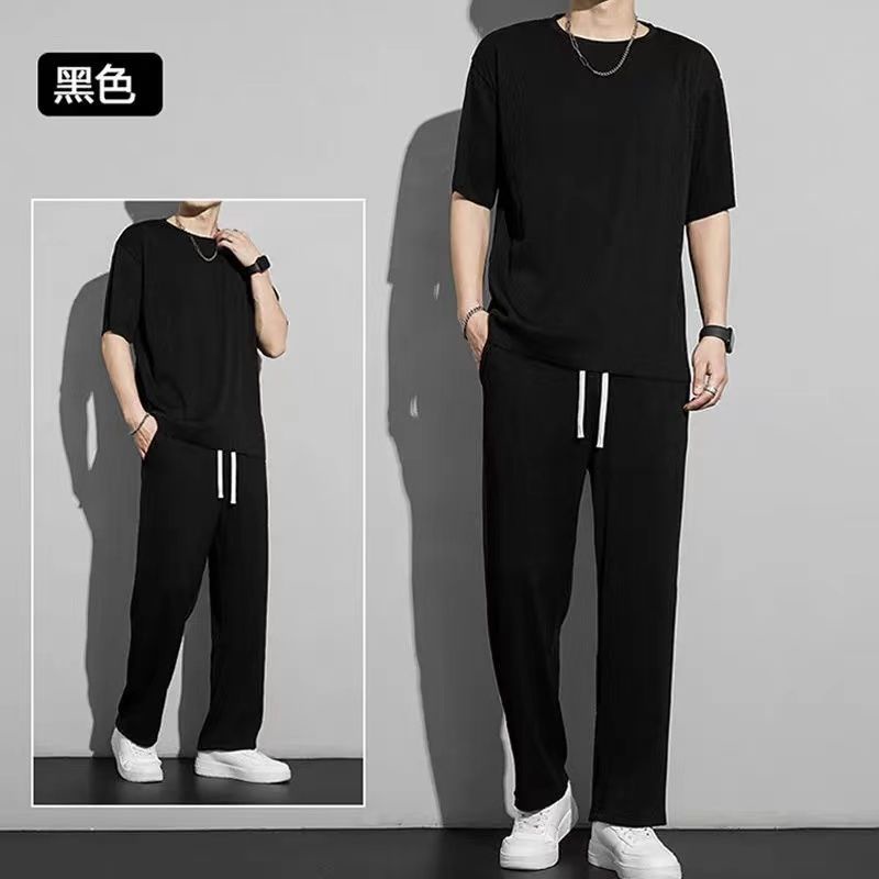 Bộ Đồ Thể Thao Áo Thun Tay Ngắn Phối Quần Dài Vải Lụa Lạnh Mỏng Nhanh Khô Cá Tính Cho Nam