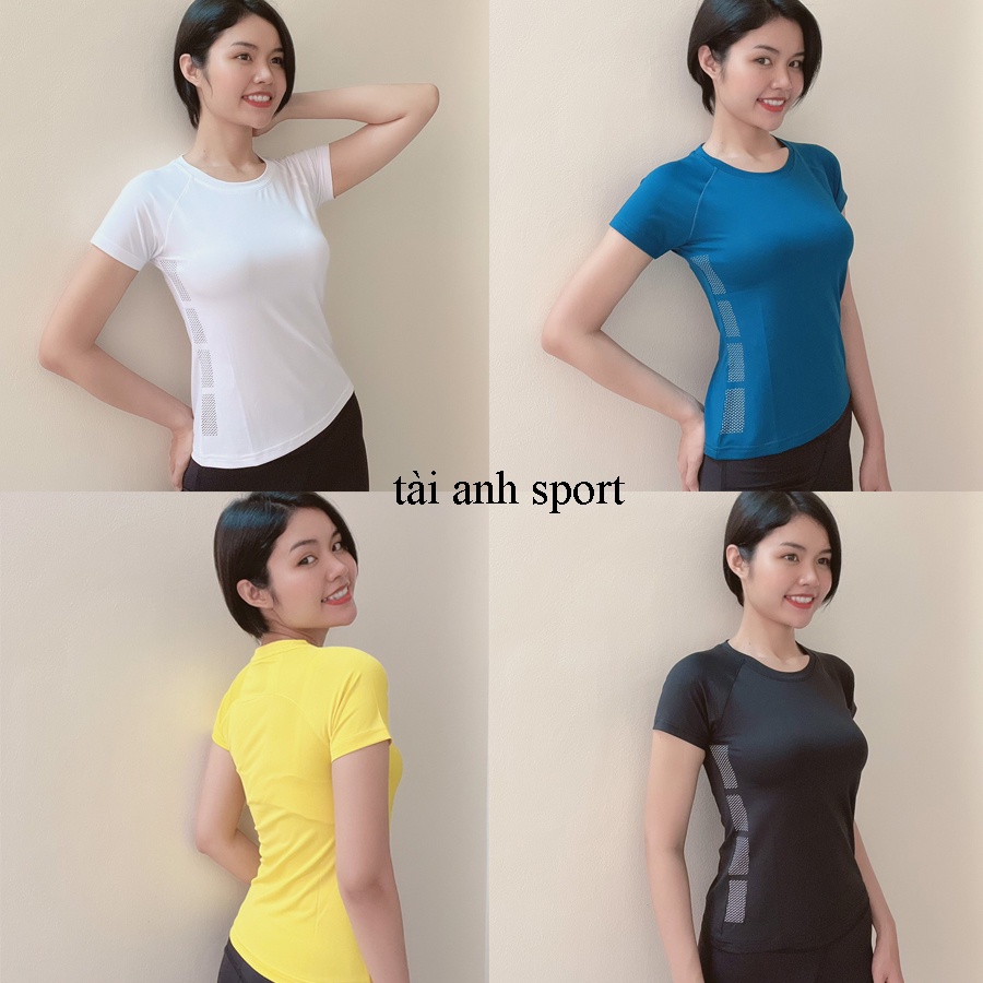 Áo nữ tập Gym, Yoga, Aerobic tay ngắn, chất thun 4 chiều - In eo
