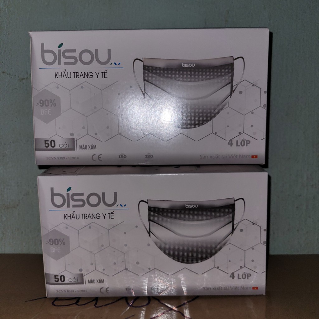 02 hộp khẩu trang 04 lớp kháng khuẩn BIsou màu xám