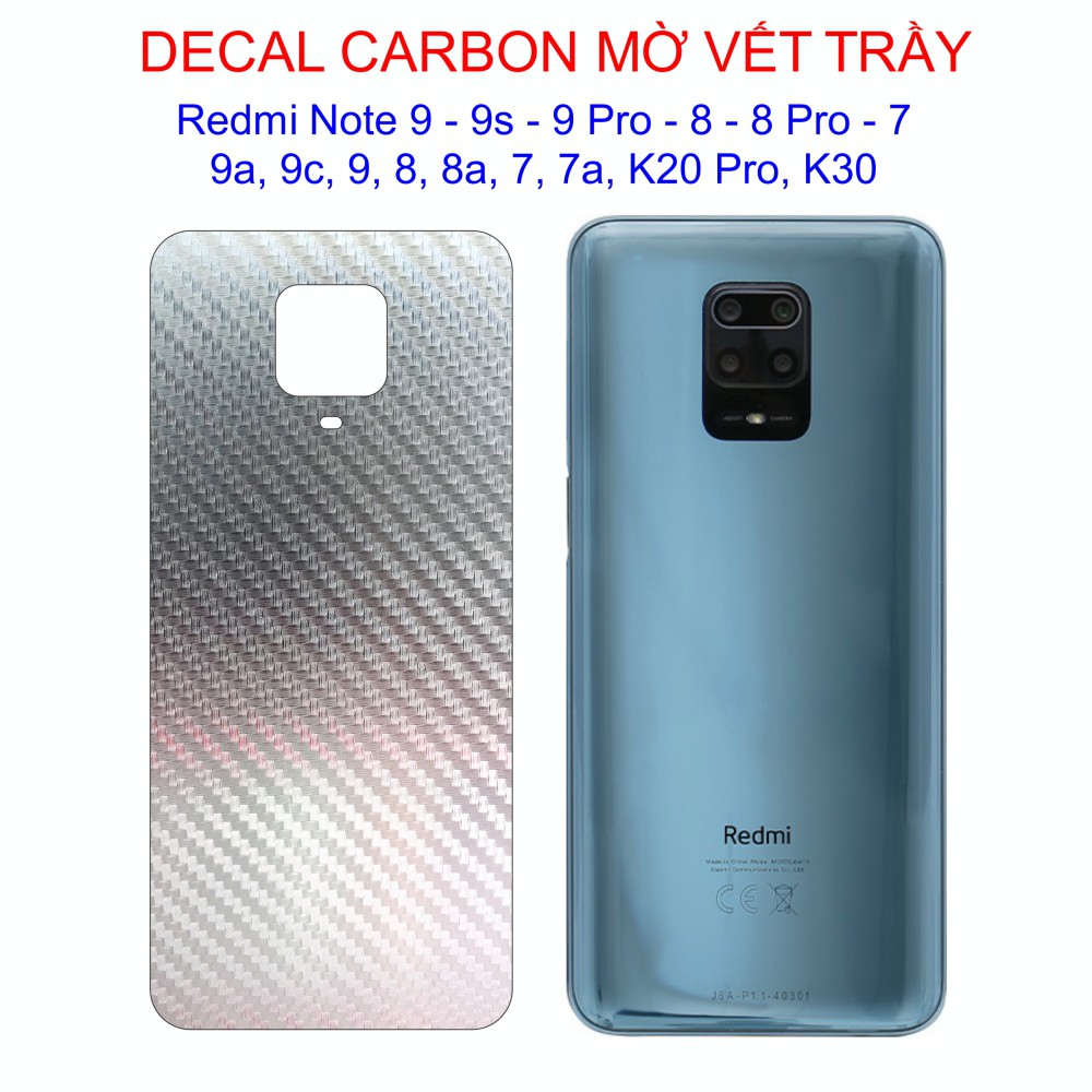 Miếng Decal Dán Lưng Trong Nhám Vân Carbon Xiaomi Redmi Note 9 - 9s - 8 - 8 Pro - 7, 9a, 9c, 8a, 7a, K30, K20,...