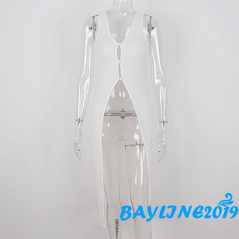 BAY-Women Summer Sleeveless Vest, Solid Color U-Neck Front Hollow Out Slit Hem Slim Fit Mid-Length Tank Tops