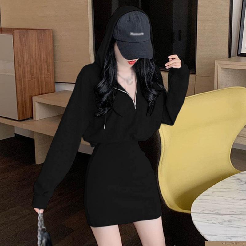 Đầm hoodie tay dài màu trơn phong cách Hàn Quốc thời trang độc đáo dành cho nữ