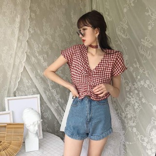 Áo crop rút ngược caro đỏ