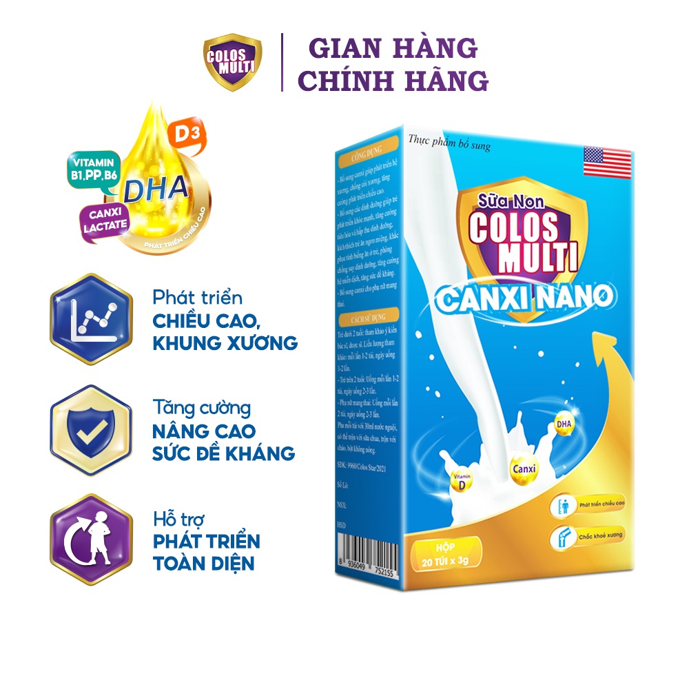 [Mã MKBCOL03 giảm 10% đơn 600K] Sữa non Colosmulti Canxi Nano hộp 20 góix3g giúp bé chắc khỏe xương,phát triển chiều cao