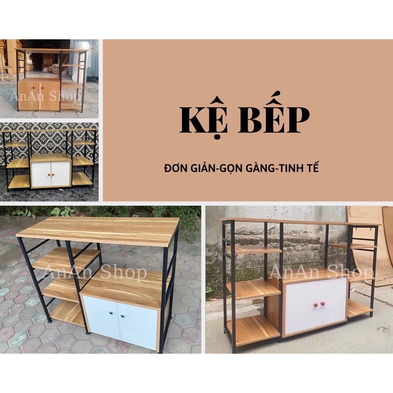 Kệ bếp- Kệ lò vi sóng bằng gỗ, chân thép chắc chắn. Kệ có 4 tầng, tủ có cánh, chịu tải tốt. Để được nhiều dụng cụ bếp ừ