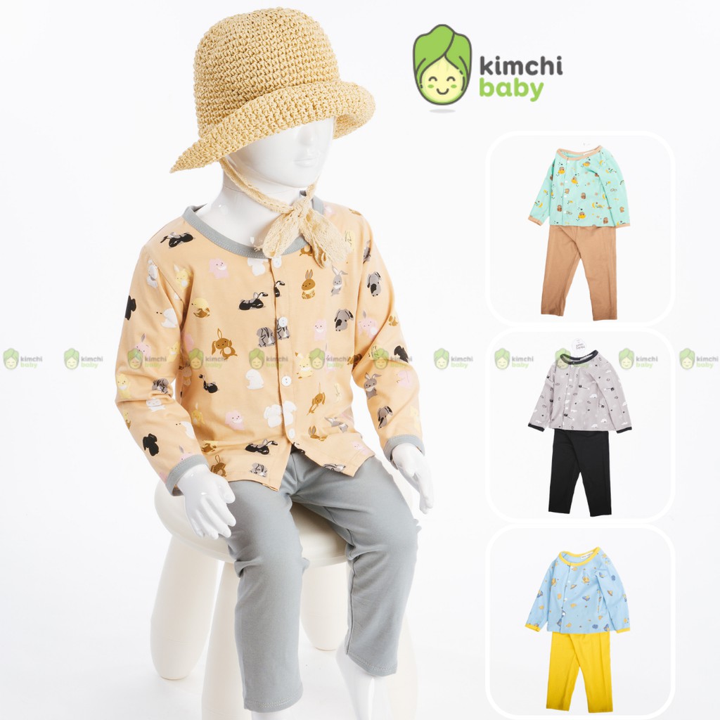 Bộ Dài Tay Cho Bé Gái, Bé Trai Minky Mom Vải Cotton 100% Cúc Giữa Hoạ Tiết Động Vật,Bộ Quần Áo Trẻ Em Thu Đông MKMTD2144