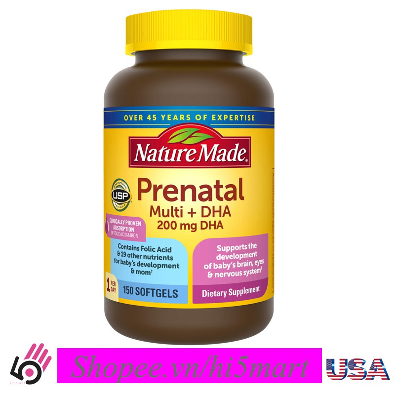 [USA] Viên Uống Vitamin Tổng Hợp cho Bà Bầu, Nature Made Prenatal Multi + DHA 150 viên