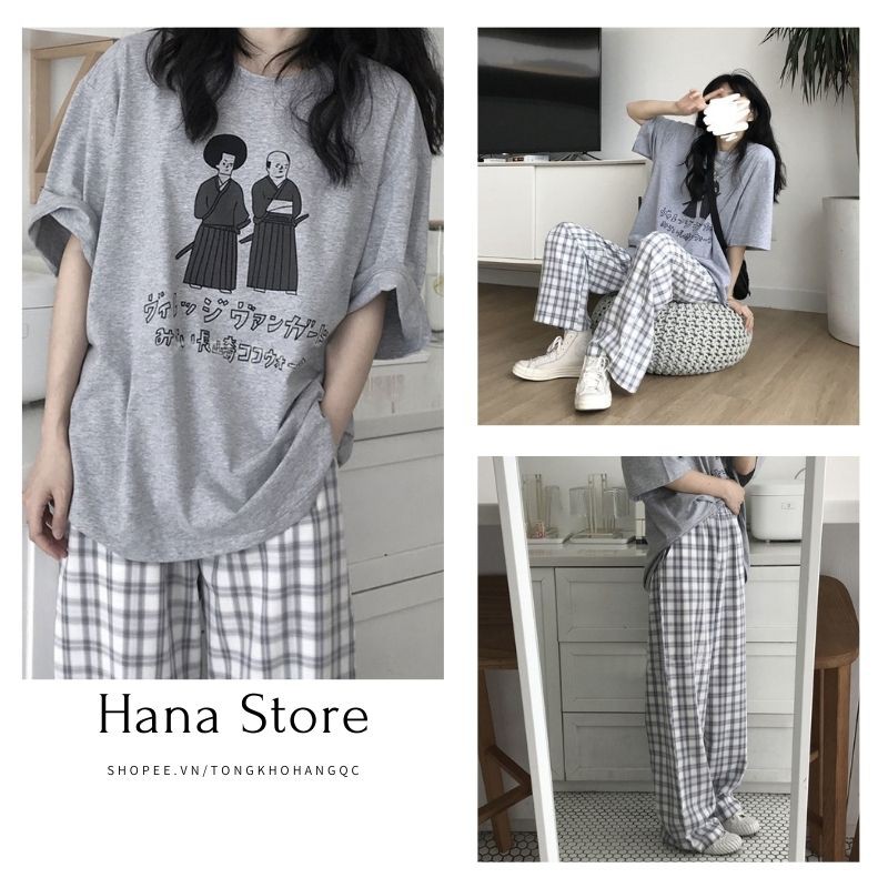 Set Quần Culottes &amp; Áo Thun Samurai ❤️ Bộ quần cạp chun ống suông kẻ caro và áo thun Ulzzang form rộng ❤️