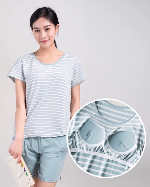 Bộ Mặc Nhà Áo Cộc Tay Có Đệm Ngực Kẻ Sọc Vải Modal Mềm Mịn Mới CT007
