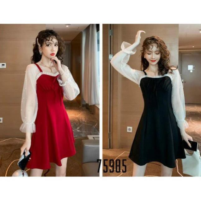 < size M, L, XL > Đầm nữ dáng xòe thiết kế đáng yêu chất thun Umi phối tay voan trắng đính ngọc.