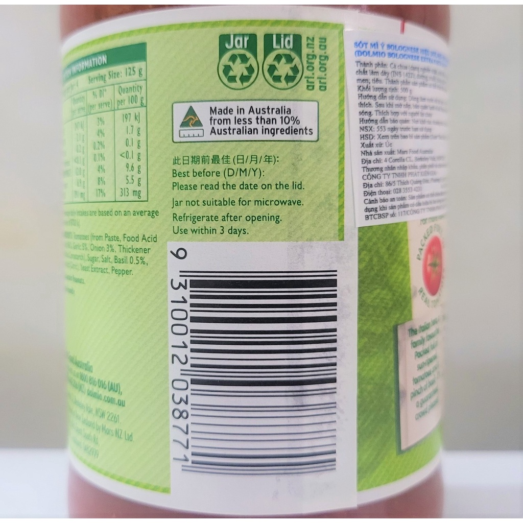 [Lọ 500g – BOLOGNESE ] XỐT MÌ Ý CÀ CHUA [Australia] DOLMIO Bolognese Extra Pasta Sauce (pkg)