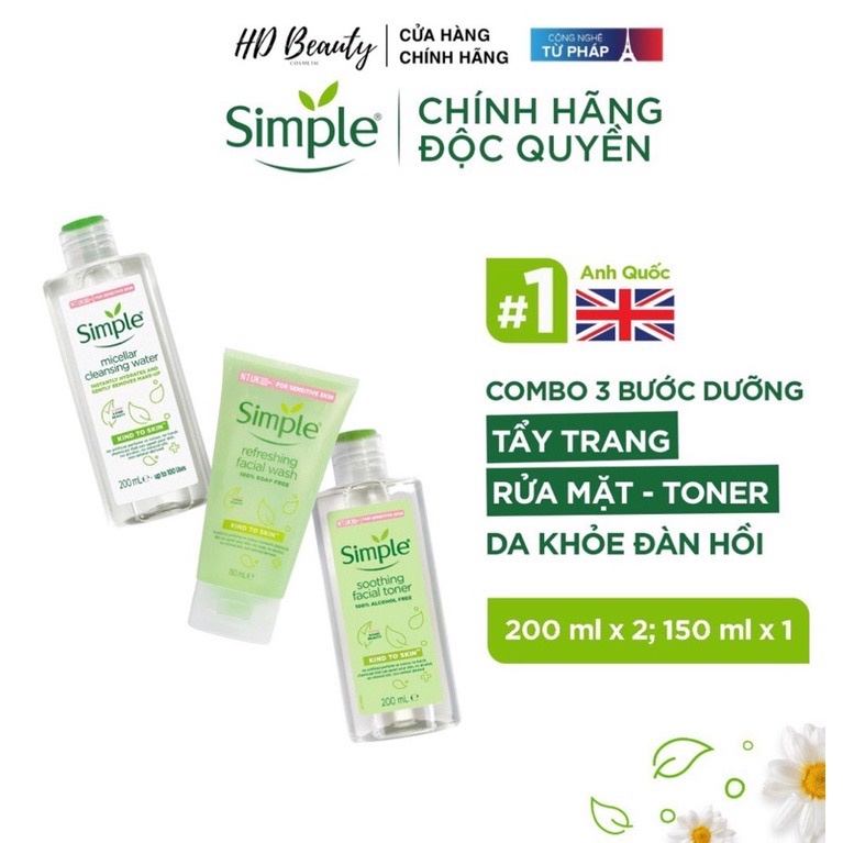 Combo Simple Tẩy trang 200ml + Sữa rửa mặt 150ml + Nước hoa hồng 200ml cho da sạch khỏe mềm mịn