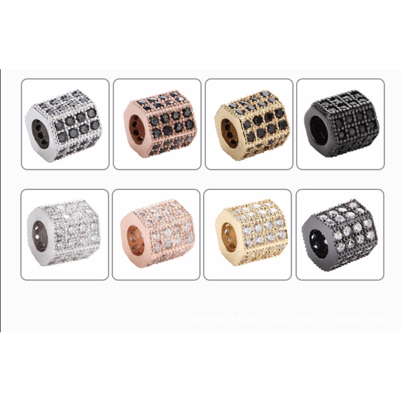 Hạt Trụ Lục Giác đính kim cương thời trang - Charm Phụ Kiện Vòng Tay Phong Thuỷ Trang Sức Nam, Nữ Kim Loại Đồng Zircon