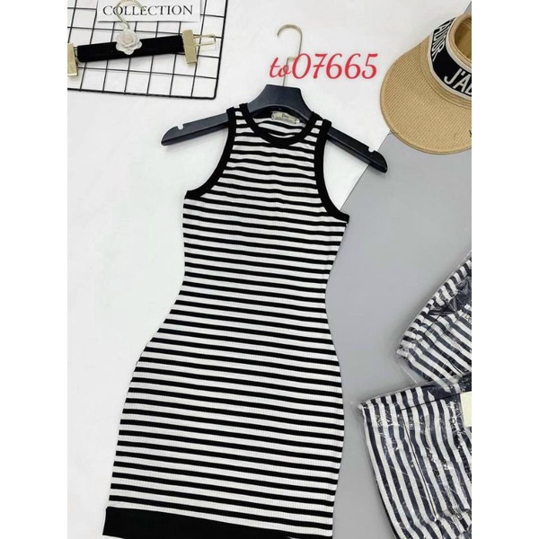 Đầm Thun Kẻ Sọc Ngang Viền Đen Ba Lỗ Sát Nách - Dáng Ngắn Ôm Body Sexy
