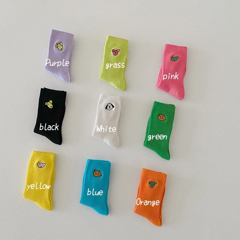 Bộ 3 đôi tất KokoroCare MS-33 màu xanh lá+trắng+đen thêu hình động vật cho trẻ em 1-8 tuổi size S/M/L