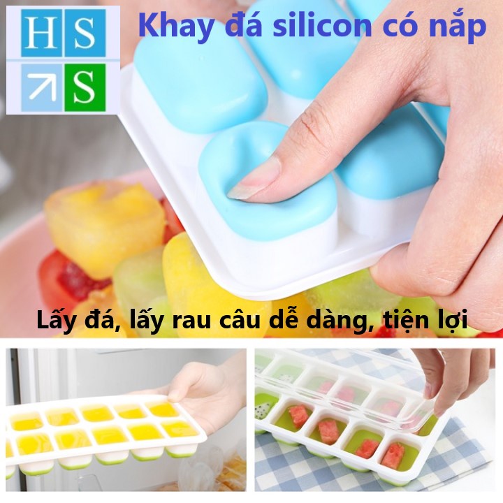 COMBO 04 Khay đá silicon (Khay 14 ngăn) có nắp đậy không dính mùi thực phẩm, làm rau câu, làm kem, khay trữ đông ăn dặm