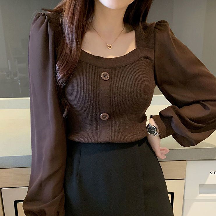 Áo Dệt Kim Nữ Tay Dài Phồng Cổ Vuông Thời Trang