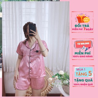 Bộ đồ ngủ, đồ bộ pijama lụa nữ mặc nhà áo nơ tay ngắn quần ngắn chất liệu phi lụa free sezi từ 40kg đến 60kg