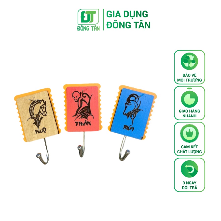 Combo 6 Móc Dán Tường Bằng Gỗ 12 CON GIÁP Móc Treo Bằng Inox Có Sẵn Đinh Thép Màu Ngẫu Nhiên