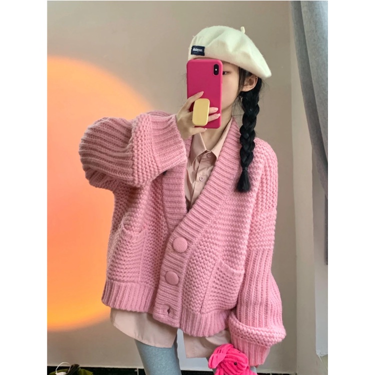 Áo Khoác Cardigan Cổ Chữ V Dáng Rộng Màu Hồng Thanh Lịch Thời Trang Dành Cho Nữ