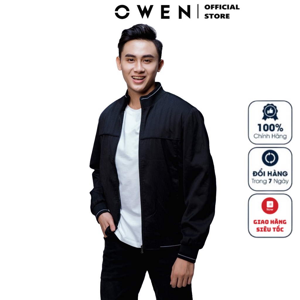 Áo Khoác Nam Owen JK61042 Jacket Regular fit Suông Màu Đen Vân Dọc Bo Cổ Tay Và Gấu Áo Phối Viền Trắng Chất Polyester