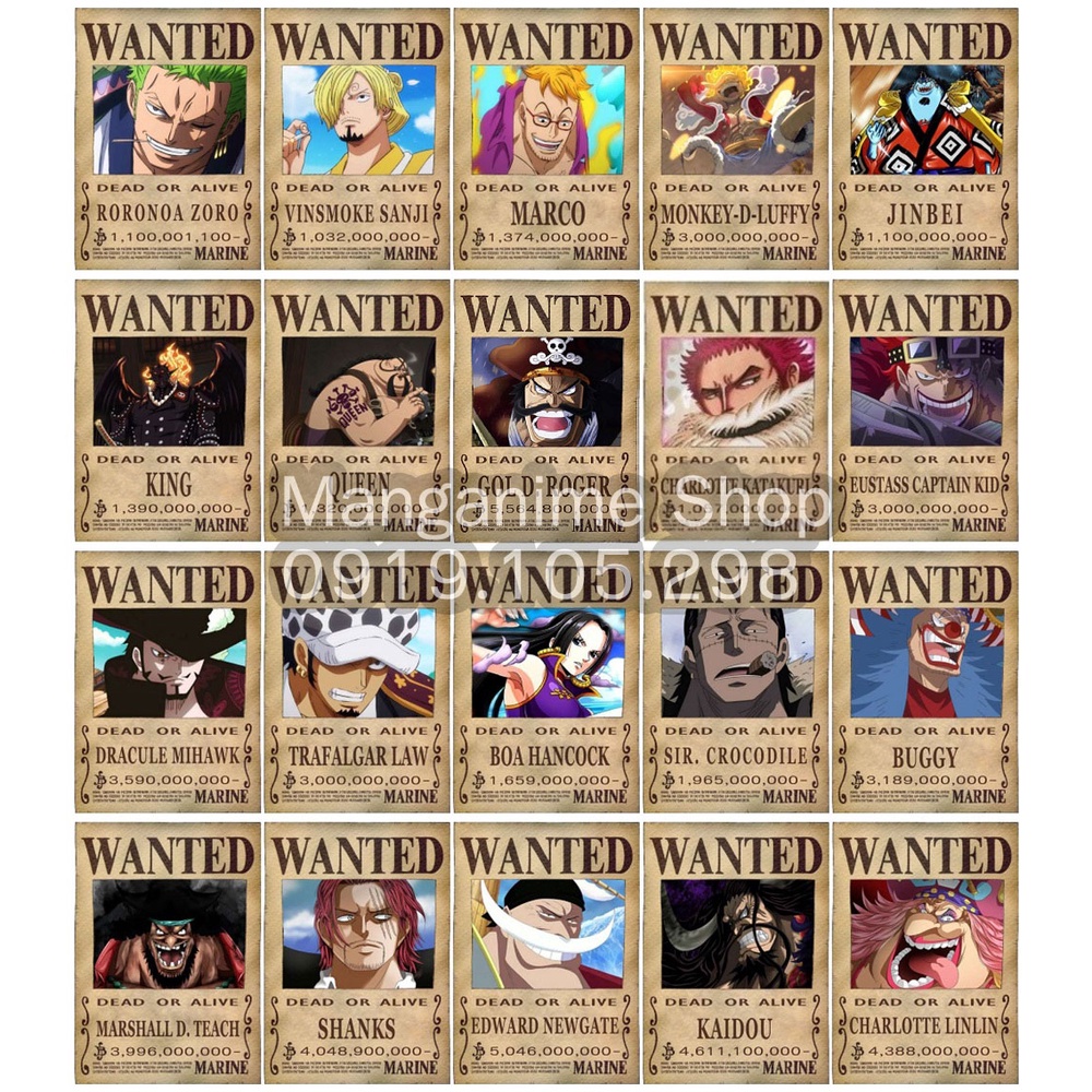Bộ 20 tấm truy nã cao nhất onepiece wanted poster loại mỏng