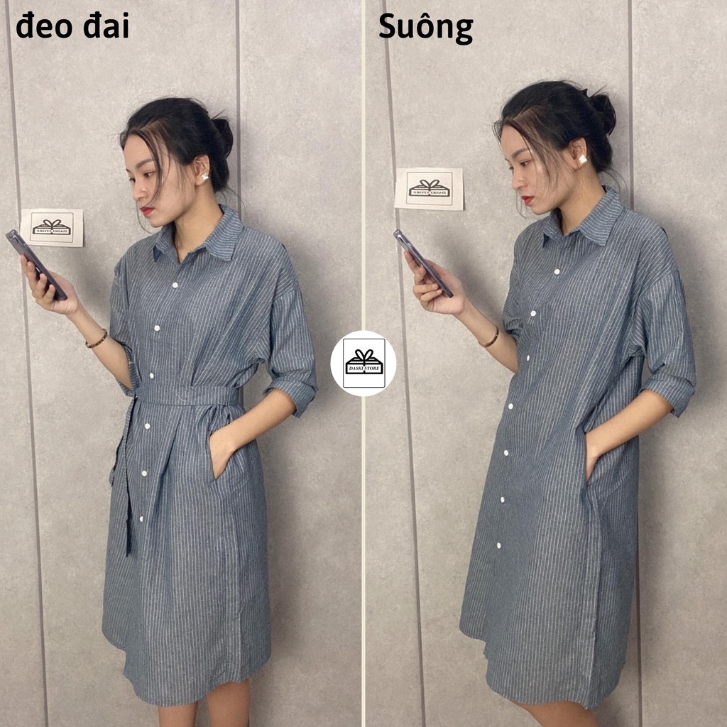 Váy sơ mi kẻ sọc, đầm maxi kẻ cổ bẻ vải thô mềm unisex kèm đai Daski