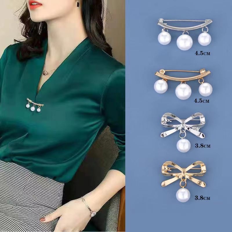 Trâm Cài Áo Hình Nơ Đính Ngọc Trai Chống Chói Thời Trang Hàn Quốc