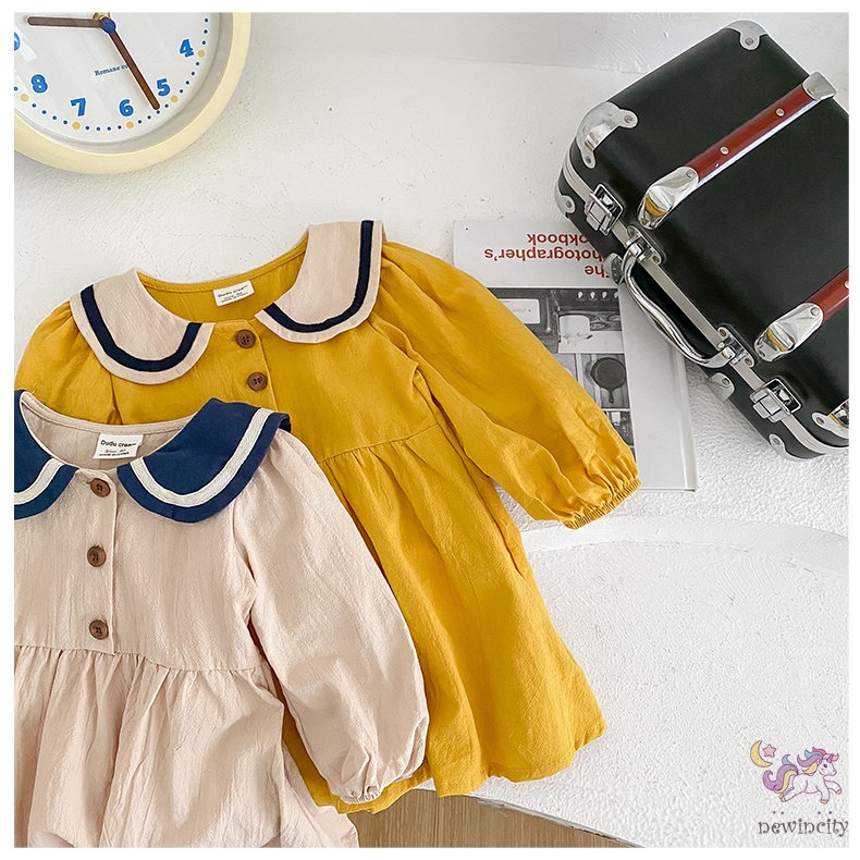 Đầm Bé Gái Tay Dài Cổ Thủy Thủ Phong Cách Hàn Quốc