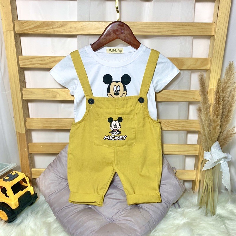 Quần yếm cho bé , Set yếm bé trai bé gái Quần yếm bò Micky phối áo thun micky Quảng Châu