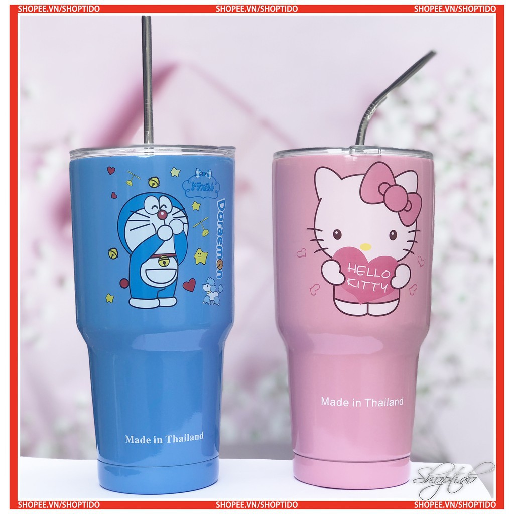 Ly Giữ Nhiệt Inox 900ML Hình Doraemon, Kitty Tặng Kèm Ống Hút Và Túi Vải cao cấp