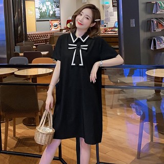 Váy bầu dáng suông phối cổ nơ, ngắn tay