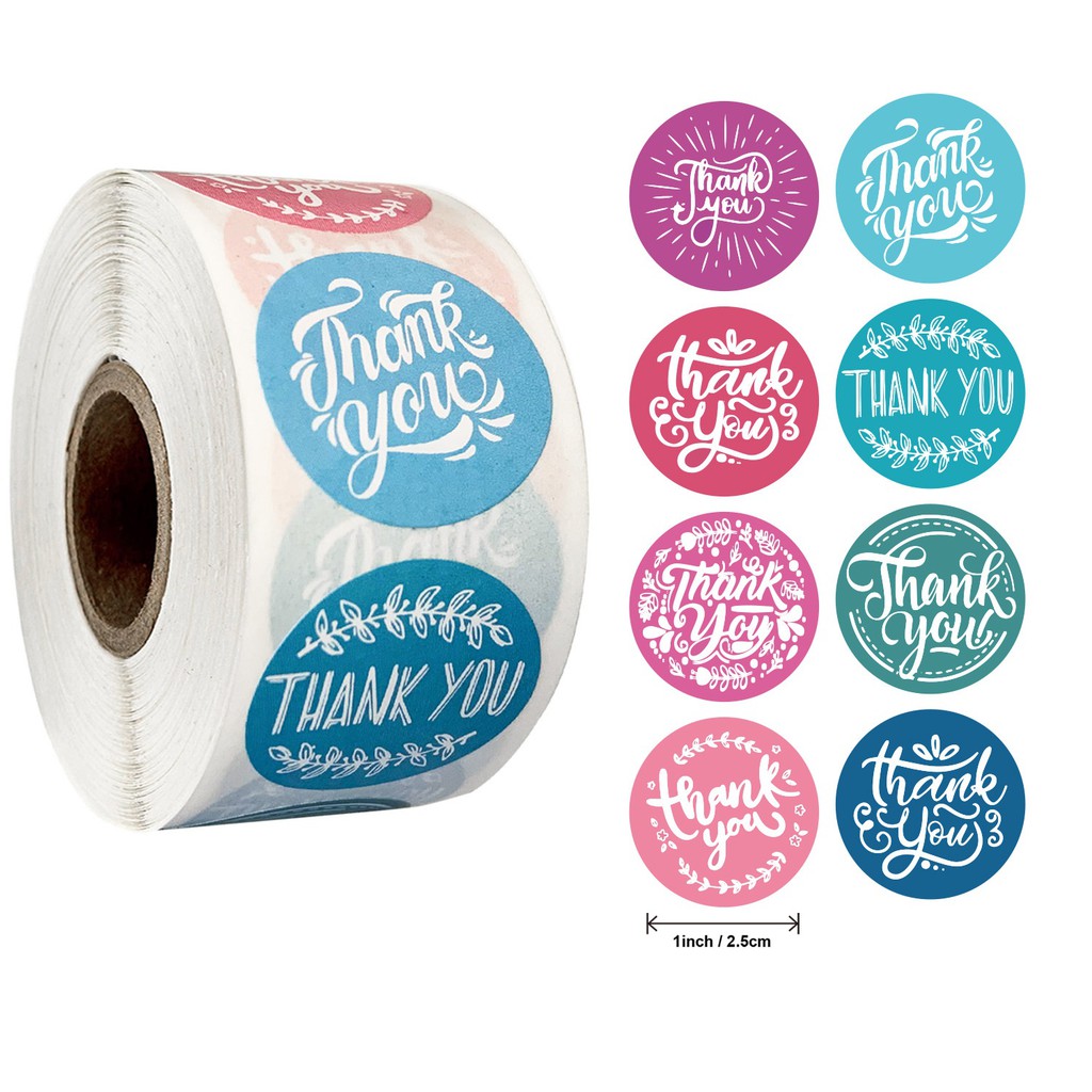 [NHIỀU SIZE] Cuộn 500 nhãn dán, sticker &quot;Thank you&quot; màu sắc bắt mắt