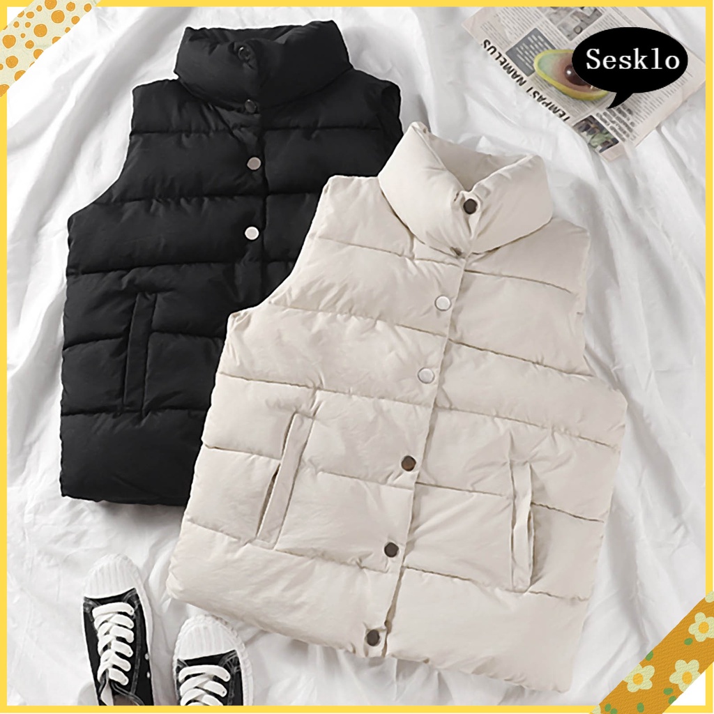 Áo khoác phao không tay phối túi và nút cài thời trang mùa thu và đông dành cho nữ | BigBuy360 - bigbuy360.vn