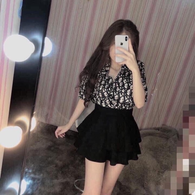 Áo sơ mi nữ họa tiết Dior tay ngắn form rộng nhiều màu vải mát HIJUNE SM09