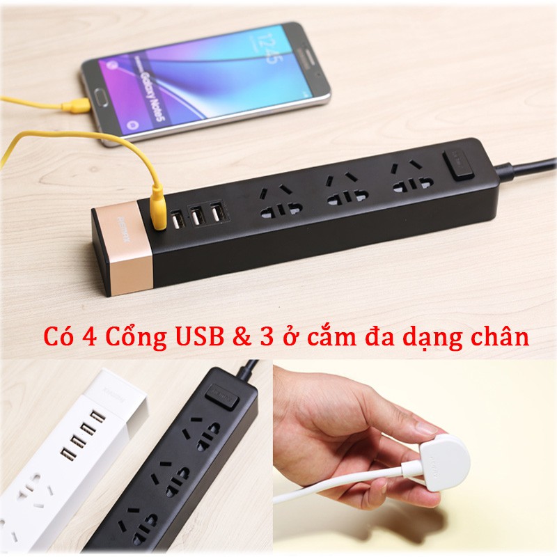 Ổ Cắm Điện Remax RU S2 Kiêm Cốc Sạc 4 cổng USB và 3 phích cắm cho mọi loại chân - BH 6 tháng