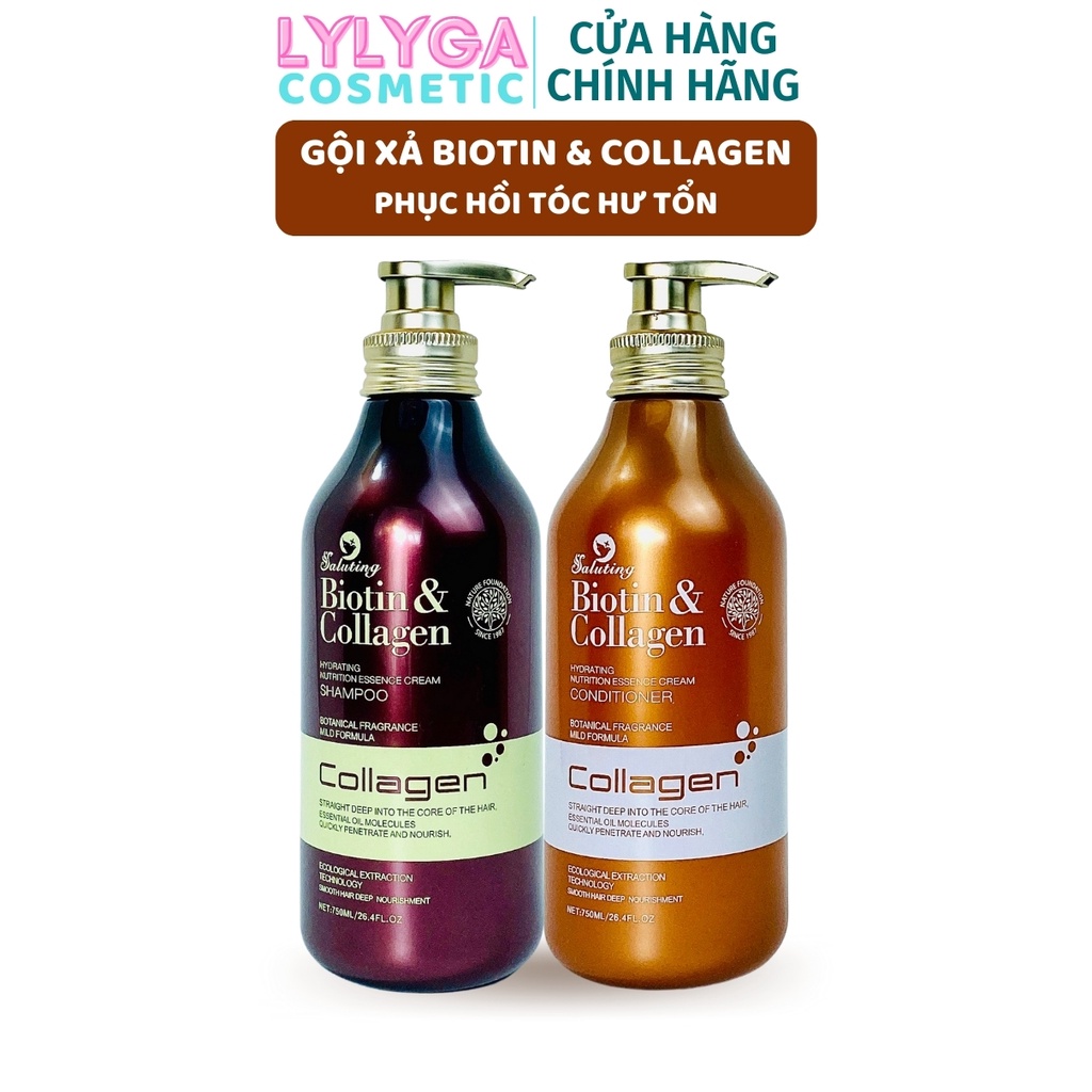 Dầu Gội Dầu Xả BIOTIN COLLAGEN SALUTING 750ML X2 Chăm sóc tóc siêu phục hồi tóc hư tổn. Dầu Cặp Biotin Nâu GX31