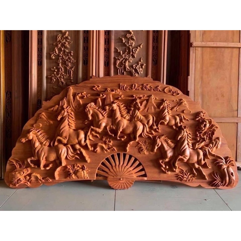 Tranh quạt gỗ hương treo tường : phu thê viên mãn , thuật buồm xuôi gió , long phụng , bát mã , đồng quê