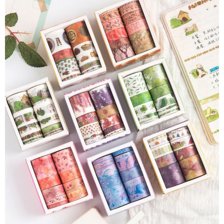 Set 10 Cuộn Băng Dính Washi Tape Họa Tiết Cute Trang Trí Planner, BJ